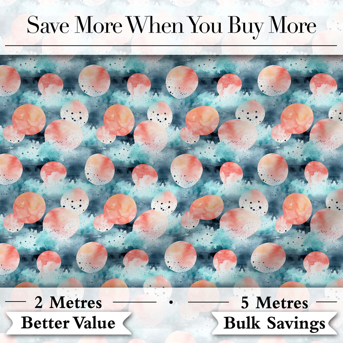 Abstract Coral and Teal Watercolor Circles Seamless Pattern Digital Print Fabric by the Metre UK Sewing Quilting Textile