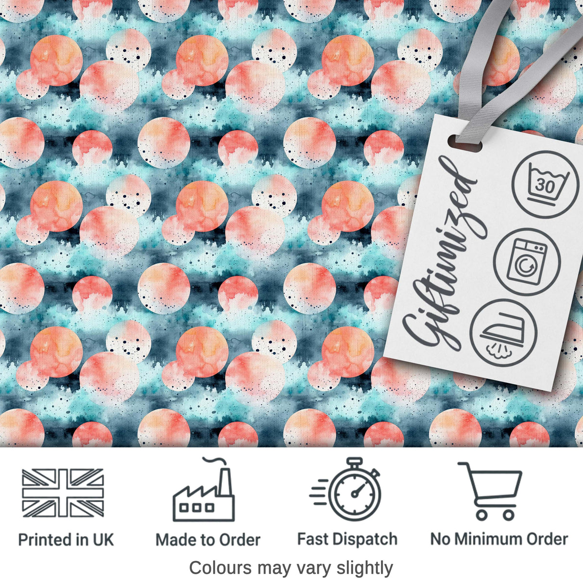 Abstract Coral and Teal Watercolor Circles Seamless Pattern Digital Print Fabric by the Metre UK Sewing Quilting Textile