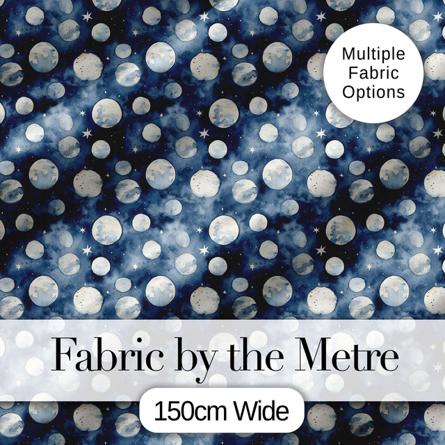 Blue Galaxy Moon Phases and Stars Seamless Pattern Digital Print Fabric by the Metre UK Sewing Quilting Textile