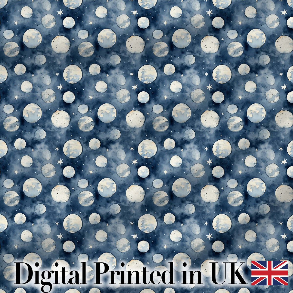 Blue Galaxy Moon Phases and Stars Seamless Pattern Digital Print Fabric by the Metre UK Sewing Quilting Textile