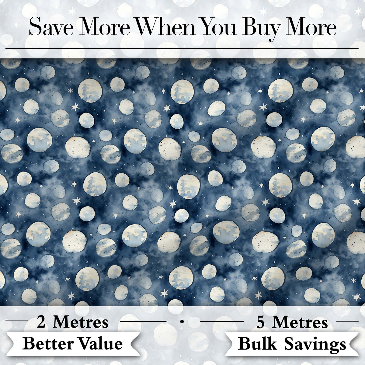 Blue Galaxy Moon Phases and Stars Seamless Pattern Digital Print Fabric by the Metre UK Sewing Quilting Textile
