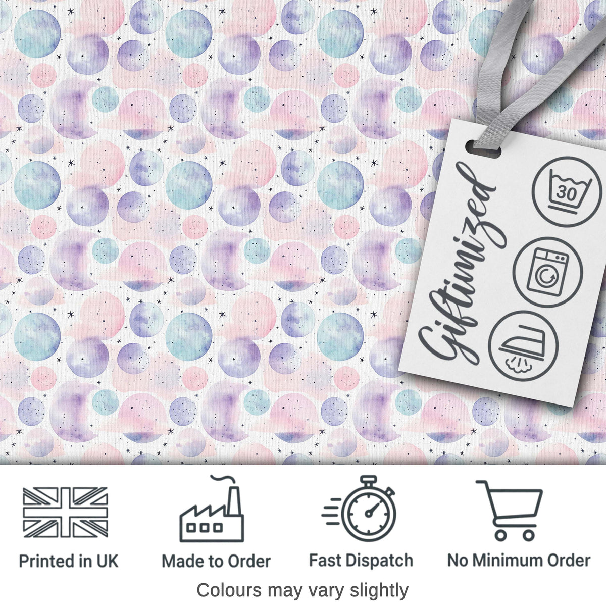 Soft Pastel Galaxy Circles and Stars Seamless Pattern Digital Print Fabric by the Metre UK Sewing Quilting Textile