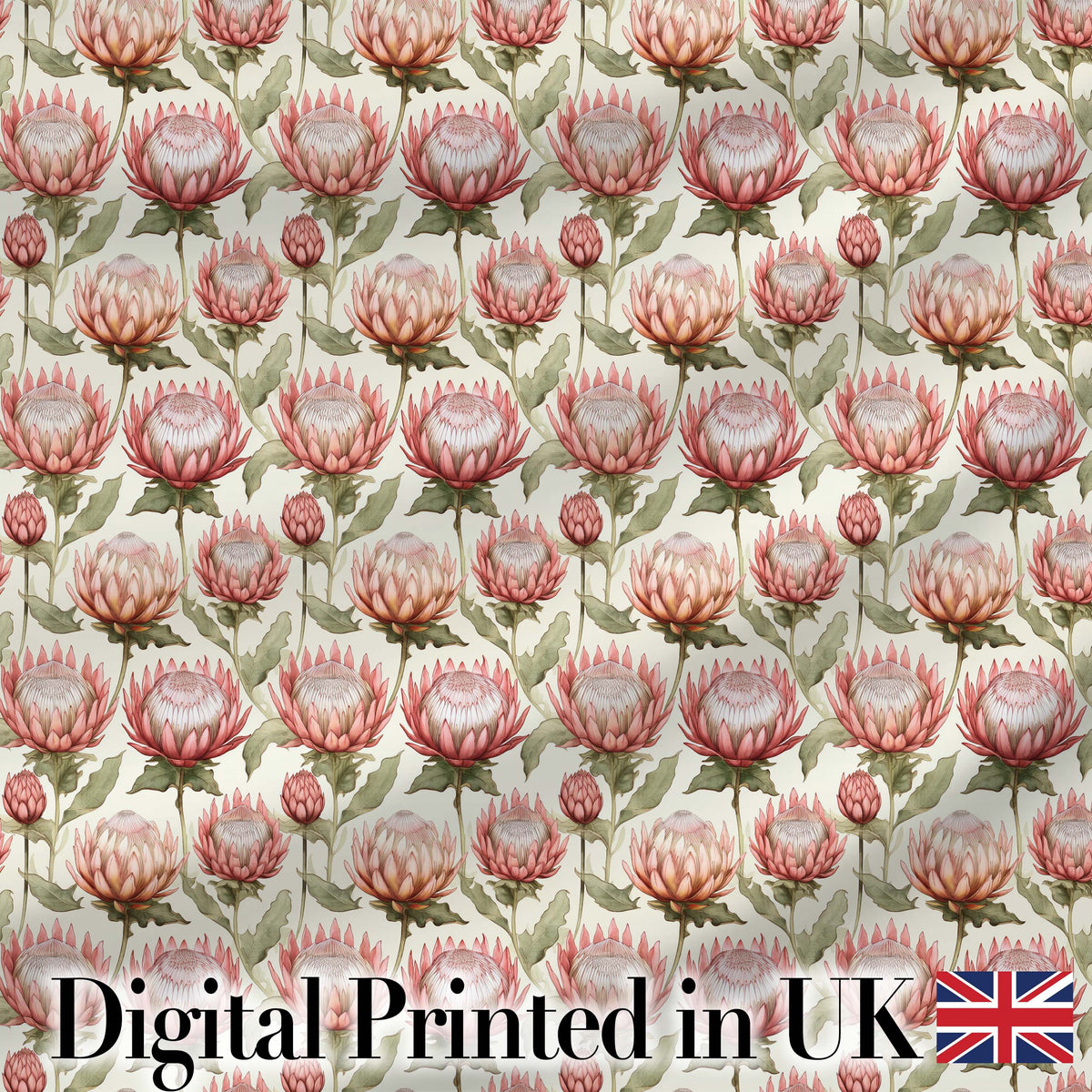 Vintage Protea Floral Botanical Illustration Seamless Pattern Digital Print Fabric by the Metre UK Sewing Quilting Textile