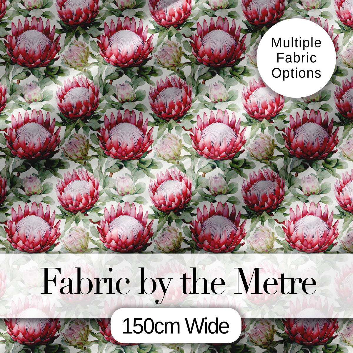 Bold Red Protea Flowers and Foliage Seamless Pattern Digital Print Fabric by the Metre UK Sewing Quilting Textile