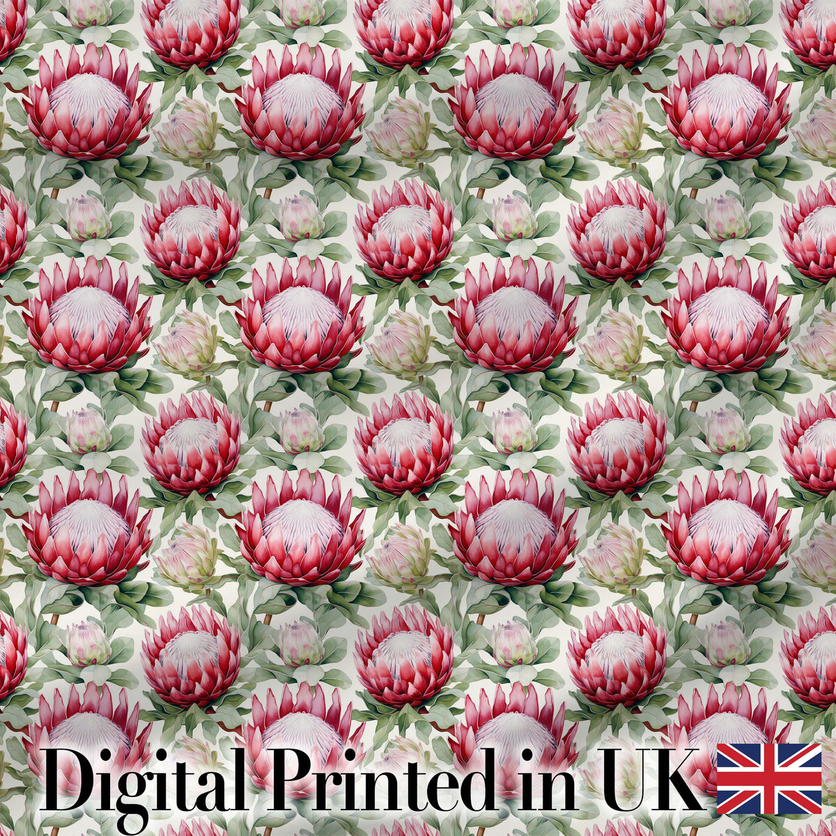 Bold Red Protea Flowers and Foliage Seamless Pattern Digital Print Fabric by the Metre UK Sewing Quilting Textile