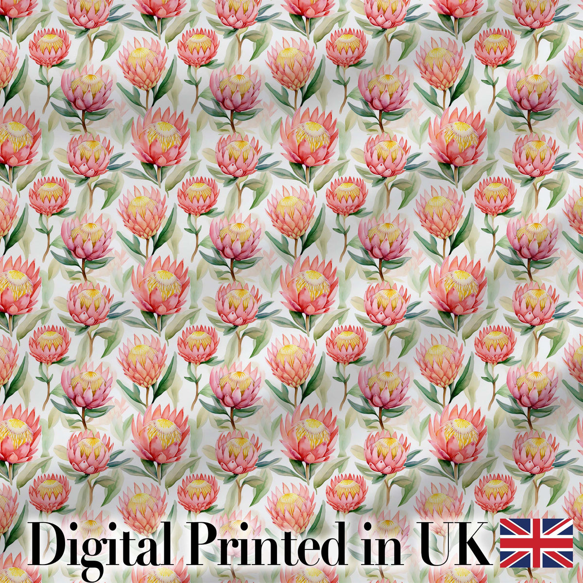 Pink and Yellow Protea Blossoms Watercolor Seamless Pattern Digital Print Fabric by the Metre UK Sewing Quilting Textile