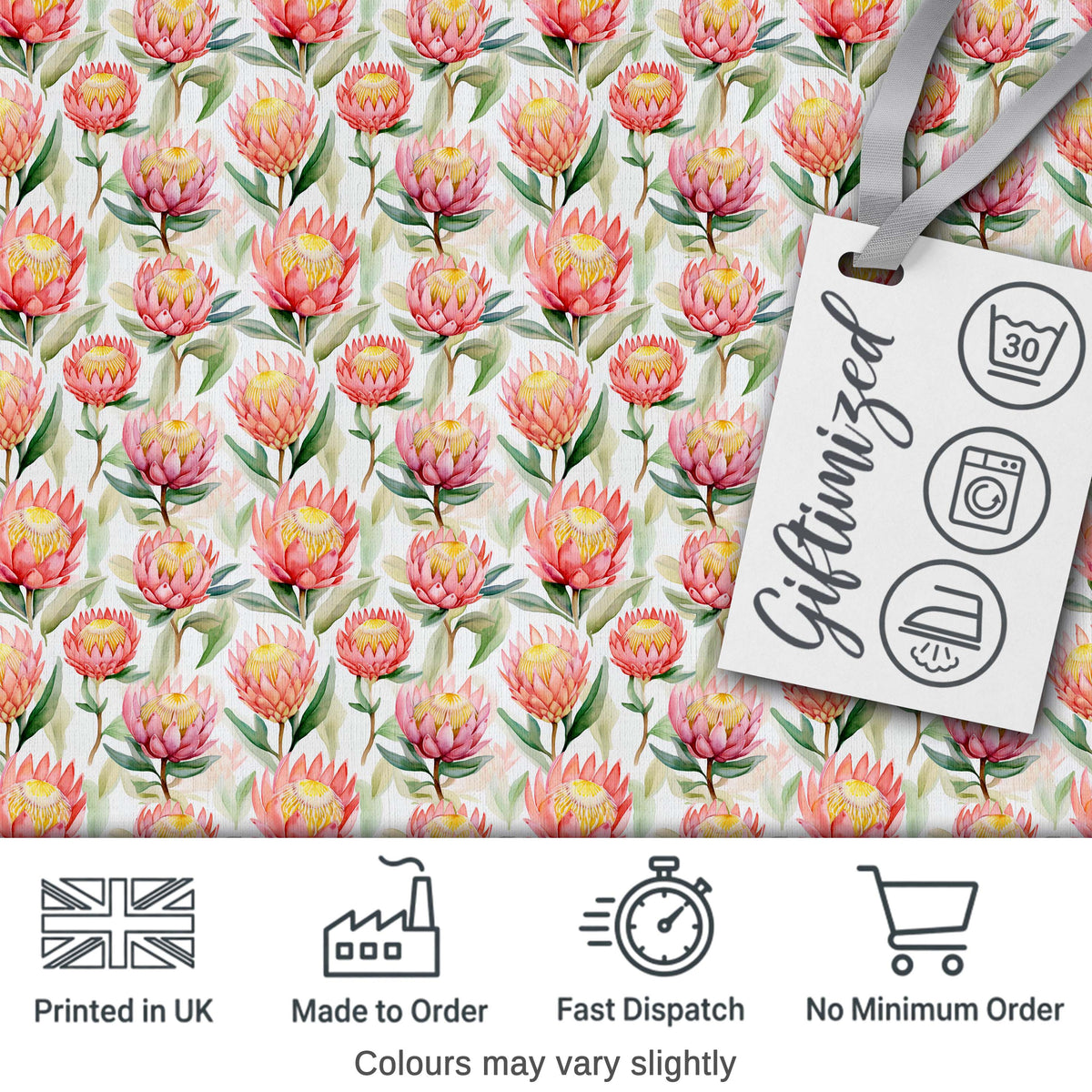 Pink and Yellow Protea Blossoms Watercolor Seamless Pattern Digital Print Fabric by the Metre UK Sewing Quilting Textile