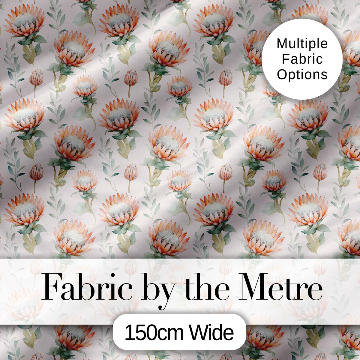 Pastel Protea Flowers with Minimal Leaves Seamless Pattern Digital Print Fabric by the Metre UK Sewing Quilting Textile