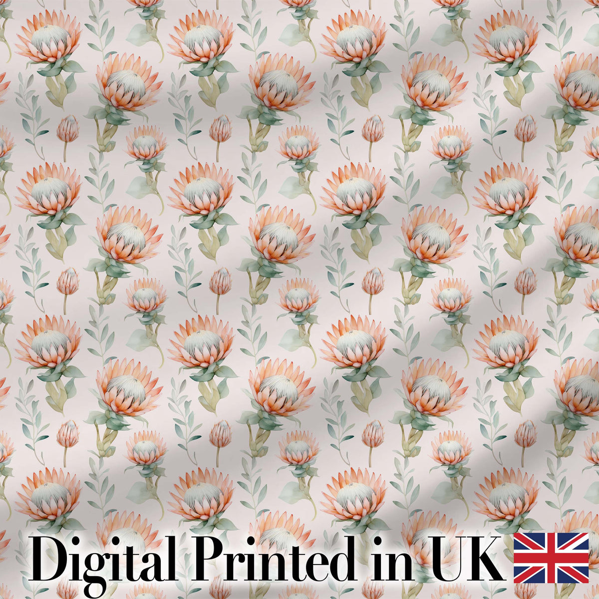 Pastel Protea Flowers with Minimal Leaves Seamless Pattern Digital Print Fabric by the Metre UK Sewing Quilting Textile