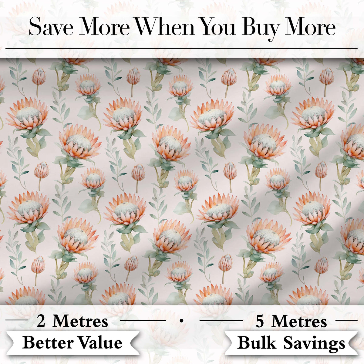 Pastel Protea Flowers with Minimal Leaves Seamless Pattern Digital Print Fabric by the Metre UK Sewing Quilting Textile