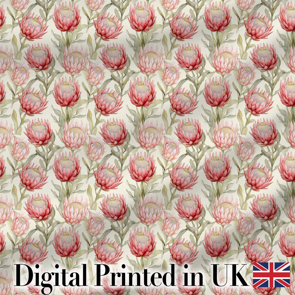 Classic Pink Protea Blooms and Foliage Seamless Pattern Digital Print Fabric by the Metre UK Sewing Quilting Textile