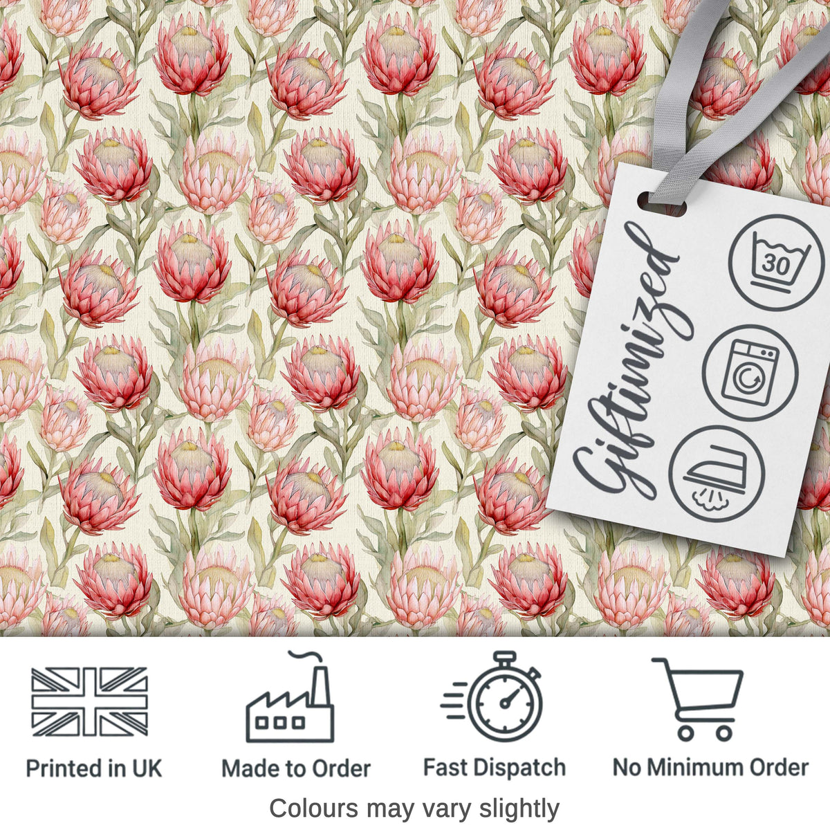 Classic Pink Protea Blooms and Foliage Seamless Pattern Digital Print Fabric by the Metre UK Sewing Quilting Textile