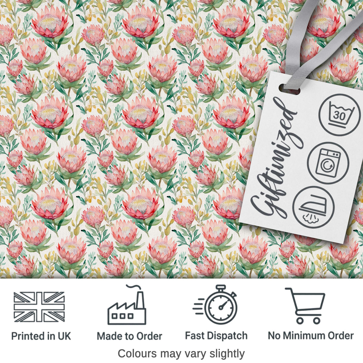 Delicate Protea Floral Bouquet Watercolor Seamless Pattern Digital Print Fabric by the Metre UK Sewing Quilting Textile