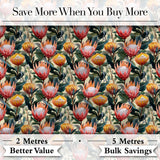Vibrant Tropical Protea Blooms with Dark Foliage Seamless Pattern Digital Print Fabric by the Metre UK Sewing Quilting Textile