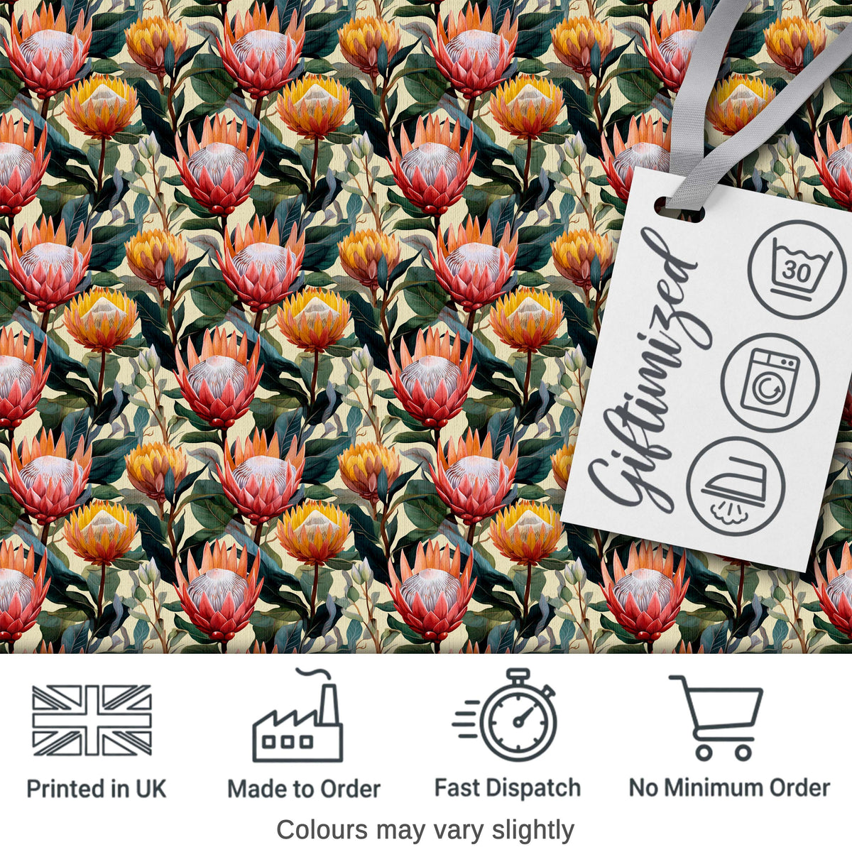 Vibrant Tropical Protea Blooms with Dark Foliage Seamless Pattern Digital Print Fabric by the Metre UK Sewing Quilting Textile