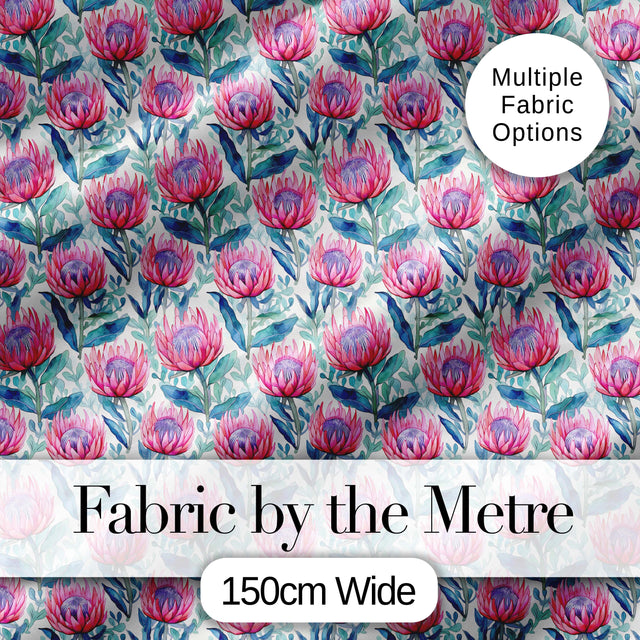 Bright Pink Protea Flowers with Blue Green Leaves Seamless Pattern Digital Print Fabric by the Metre UK Sewing Quilting Textile