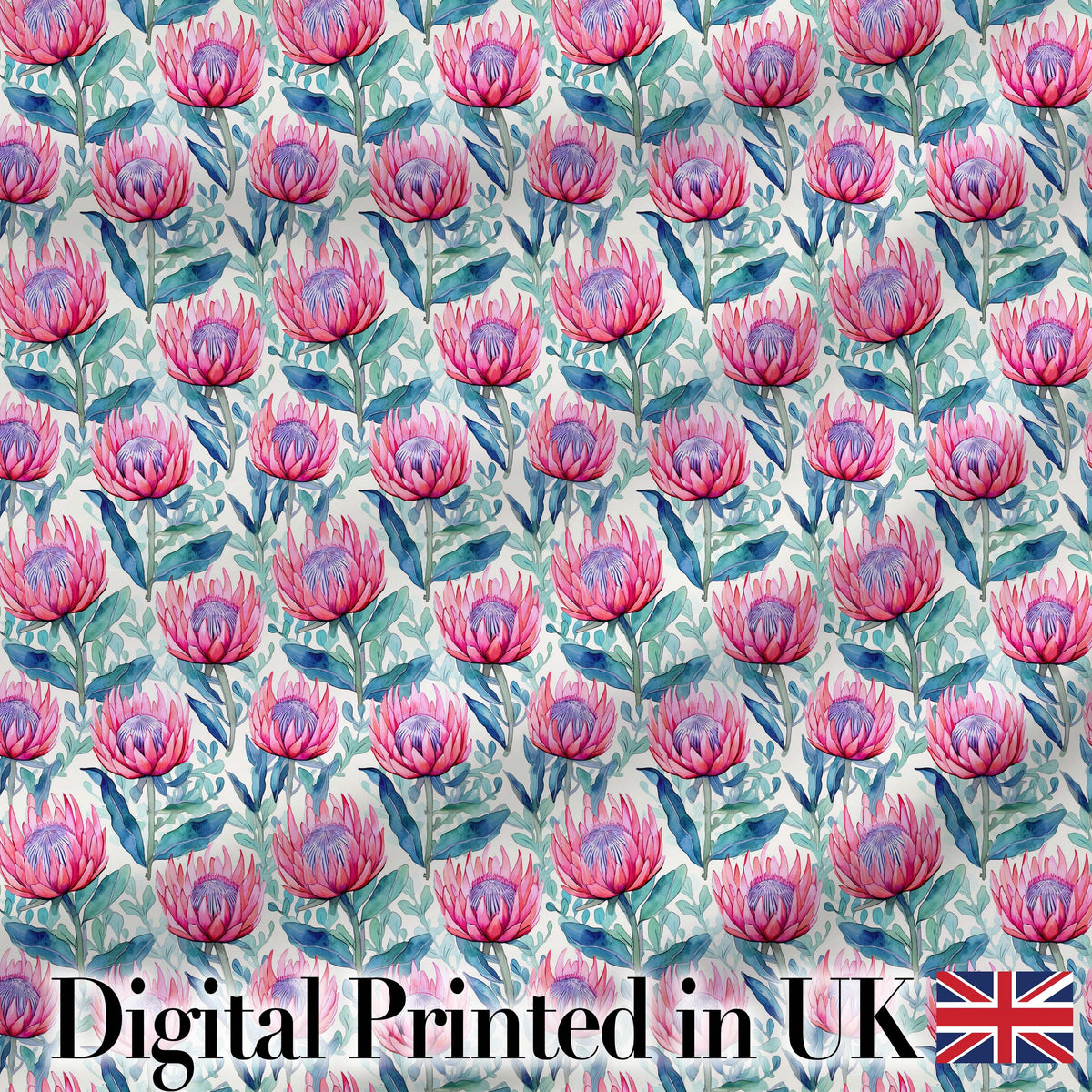 Bright Pink Protea Flowers with Blue Green Leaves Seamless Pattern Digital Print Fabric by the Metre UK Sewing Quilting Textile