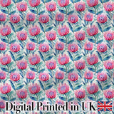 Bright Pink Protea Flowers with Blue Green Leaves Seamless Pattern Digital Print Fabric by the Metre UK Sewing Quilting Textile
