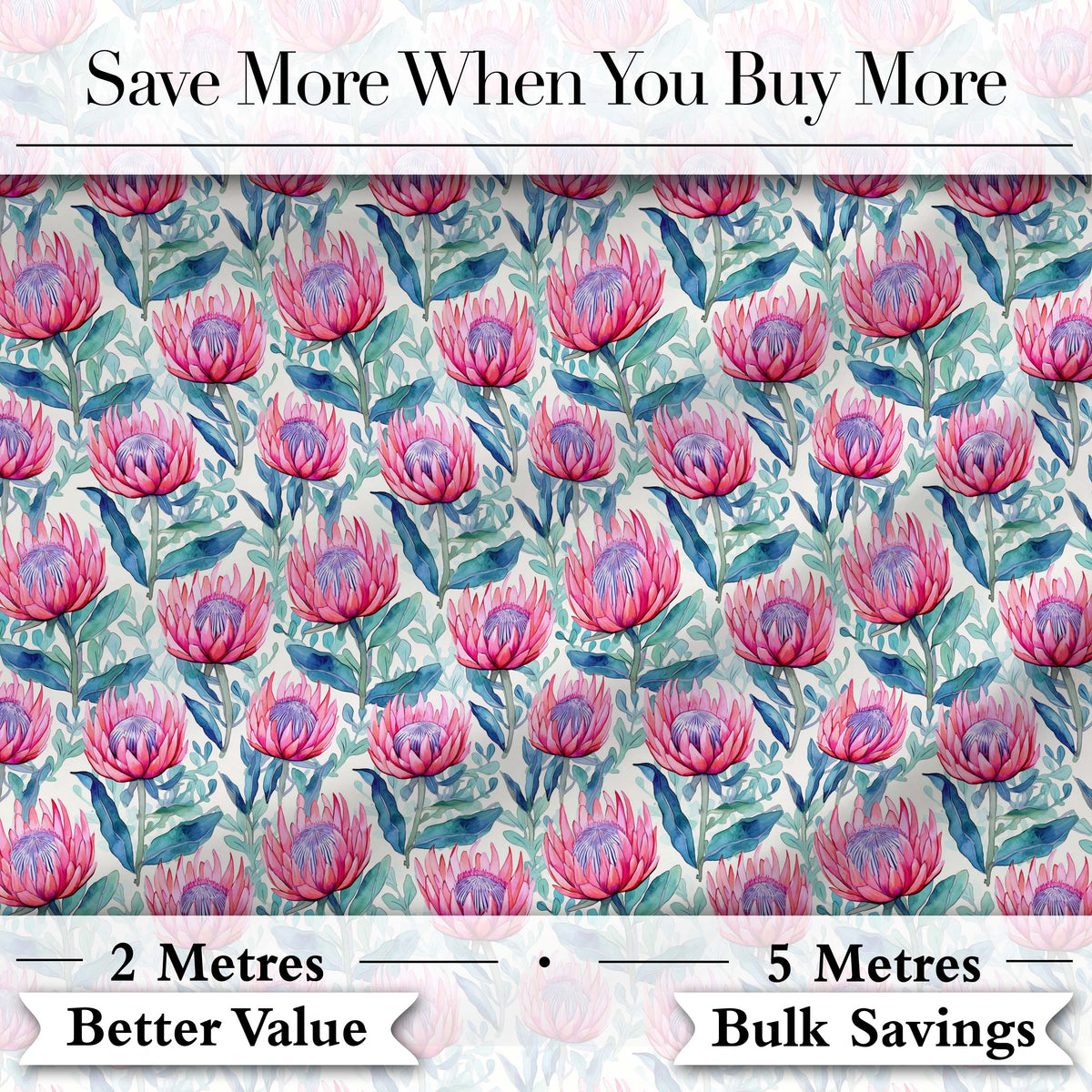 Bright Pink Protea Flowers with Blue Green Leaves Seamless Pattern Digital Print Fabric by the Metre UK Sewing Quilting Textile