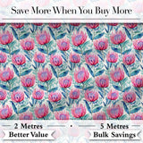 Bright Pink Protea Flowers with Blue Green Leaves Seamless Pattern Digital Print Fabric by the Metre UK Sewing Quilting Textile