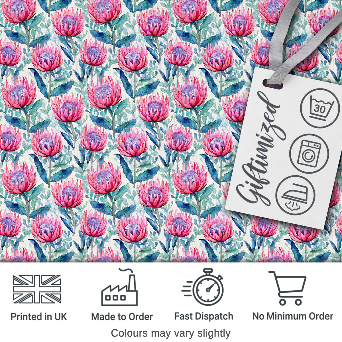 Bright Pink Protea Flowers with Blue Green Leaves Seamless Pattern Digital Print Fabric by the Metre UK Sewing Quilting Textile