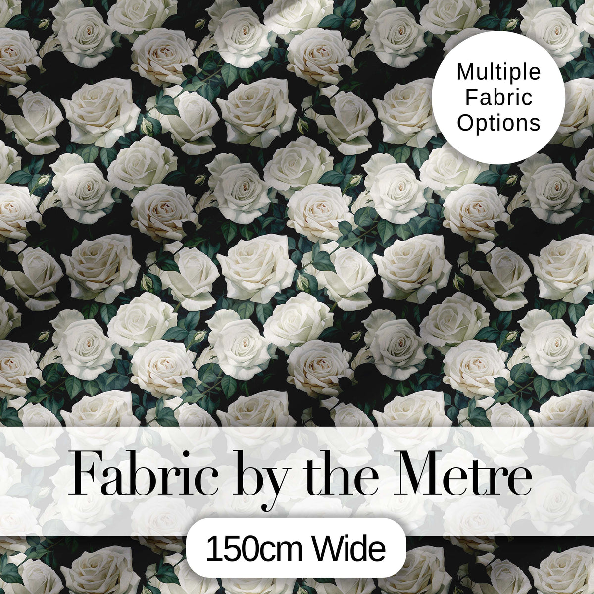 Elegant White Roses with Deep Green Leaves Seamless Pattern Digital Print Fabric by the Metre UK Sewing Quilting Textile