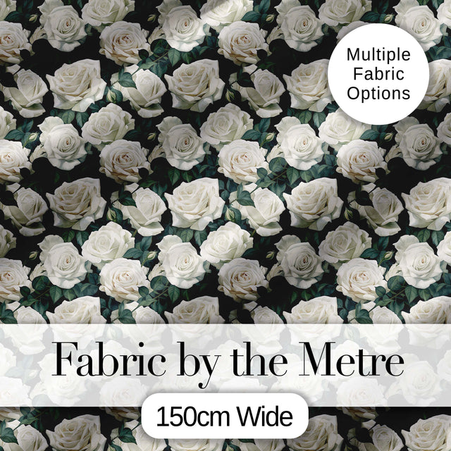Elegant White Roses with Deep Green Leaves Seamless Pattern Digital Print Fabric by the Metre UK Sewing Quilting Textile