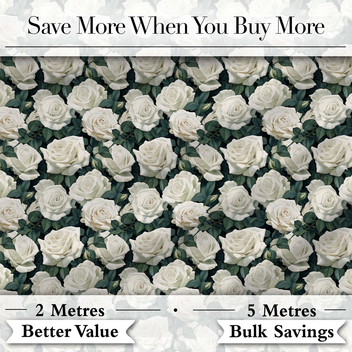 Elegant White Roses with Deep Green Leaves Seamless Pattern Digital Print Fabric by the Metre UK Sewing Quilting Textile