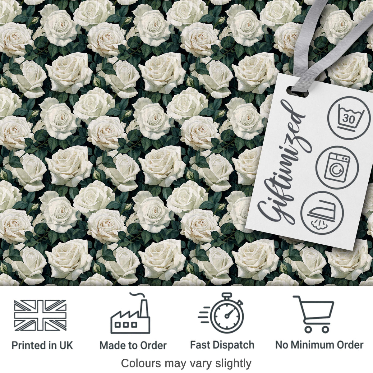 Elegant White Roses with Deep Green Leaves Seamless Pattern Digital Print Fabric by the Metre UK Sewing Quilting Textile
