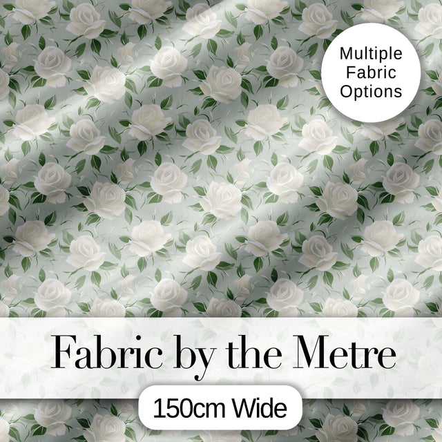 Delicate White Roses on Pale Sage Green Background Seamless Pattern Digital Print Fabric by the Metre UK Sewing Quilting Textile
