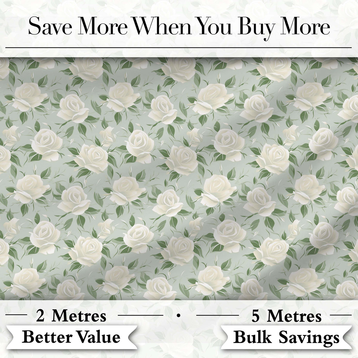 Delicate White Roses on Pale Sage Green Background Seamless Pattern Digital Print Fabric by the Metre UK Sewing Quilting Textile