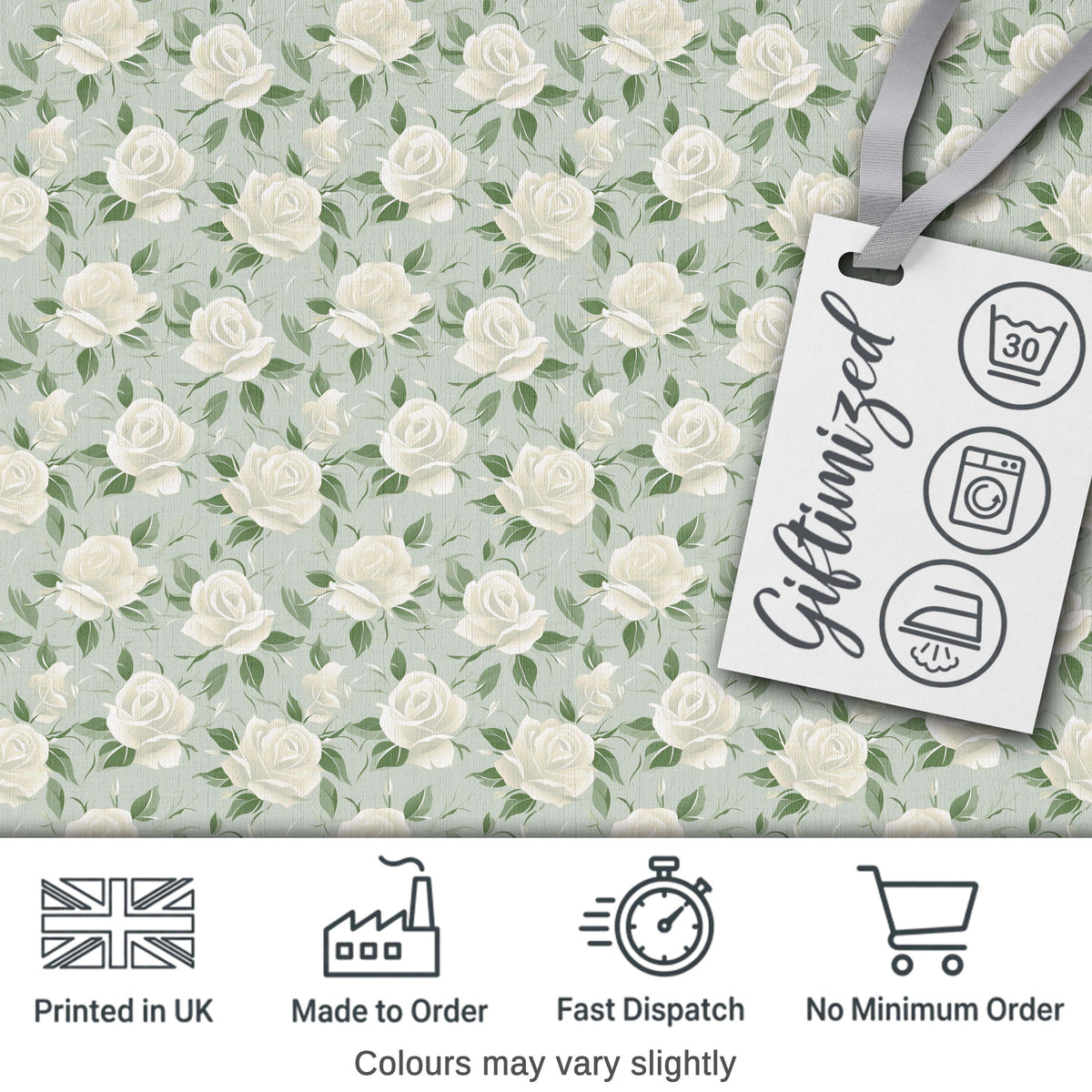 Delicate White Roses on Pale Sage Green Background Seamless Pattern Digital Print Fabric by the Metre UK Sewing Quilting Textile
