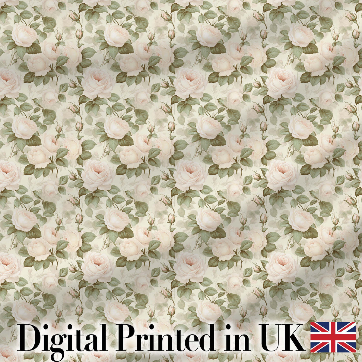 Soft Blush Cream Roses with Green Foliage Seamless Pattern Digital Print Fabric by the Metre UK Sewing Quilting Textile