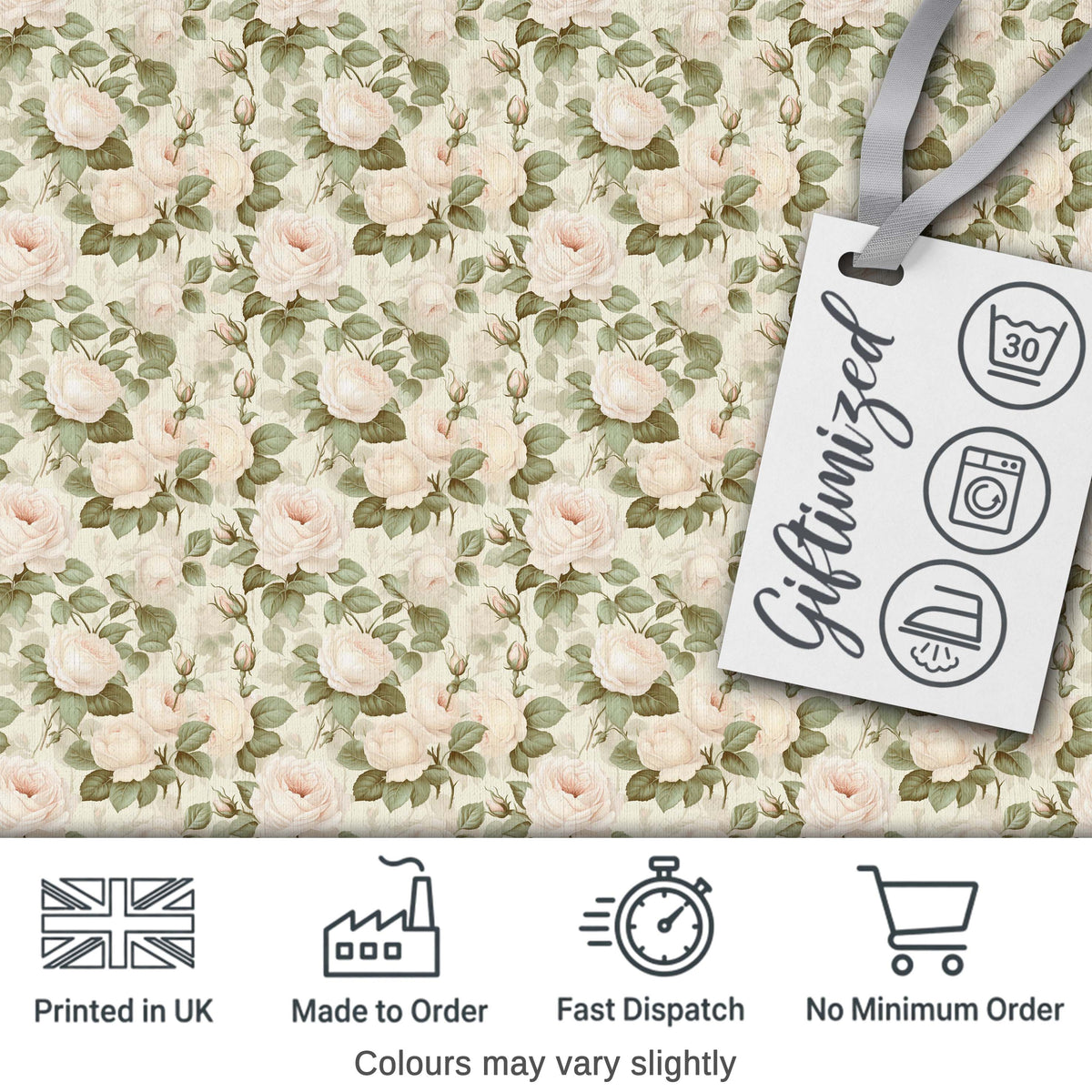 Soft Blush Cream Roses with Green Foliage Seamless Pattern Digital Print Fabric by the Metre UK Sewing Quilting Textile