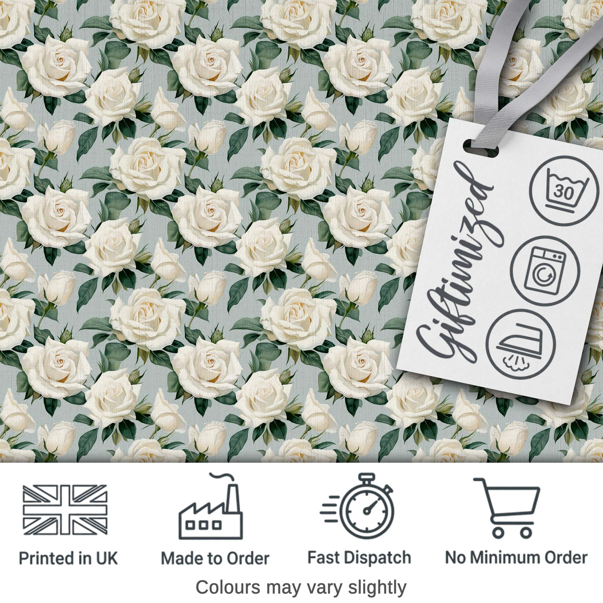 Classic Cream Rose Bouquet Soft Sage Background Seamless Pattern Digital Print Fabric by the Metre UK Sewing Quilting Textile
