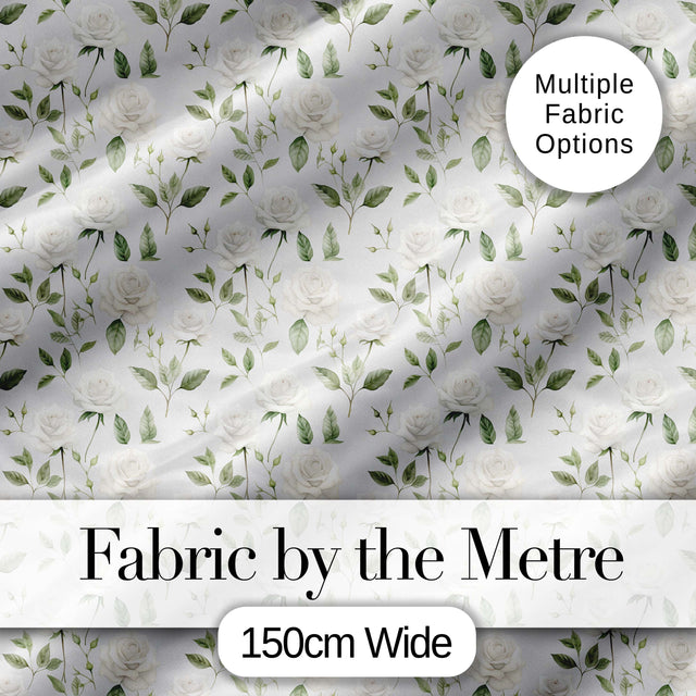 Delicate White Roses and Leaves Minimal Botanical Seamless Pattern Digital Print Fabric by the Metre UK Sewing Quilting Textile