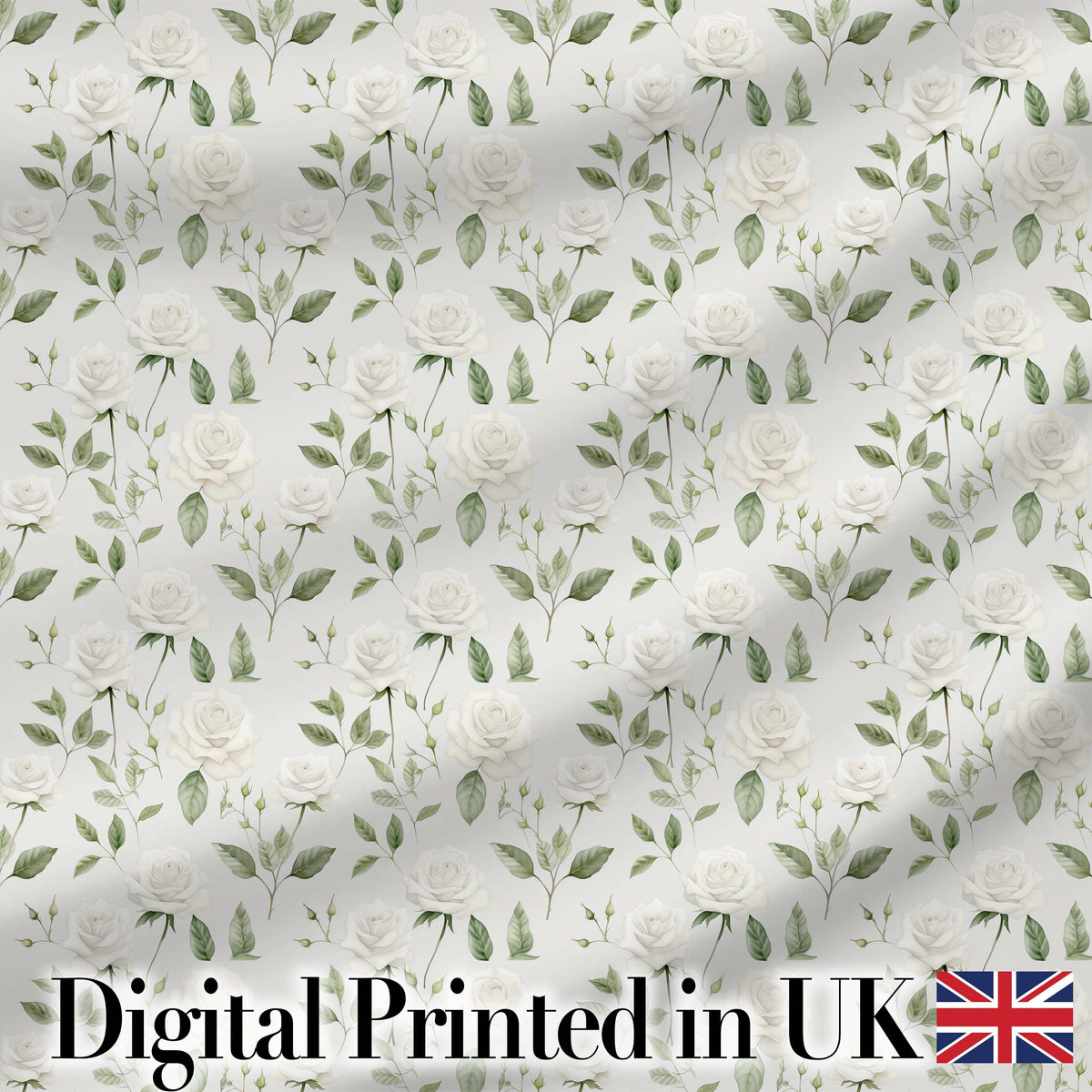 Delicate White Roses and Leaves Minimal Botanical Seamless Pattern Digital Print Fabric by the Metre UK Sewing Quilting Textile