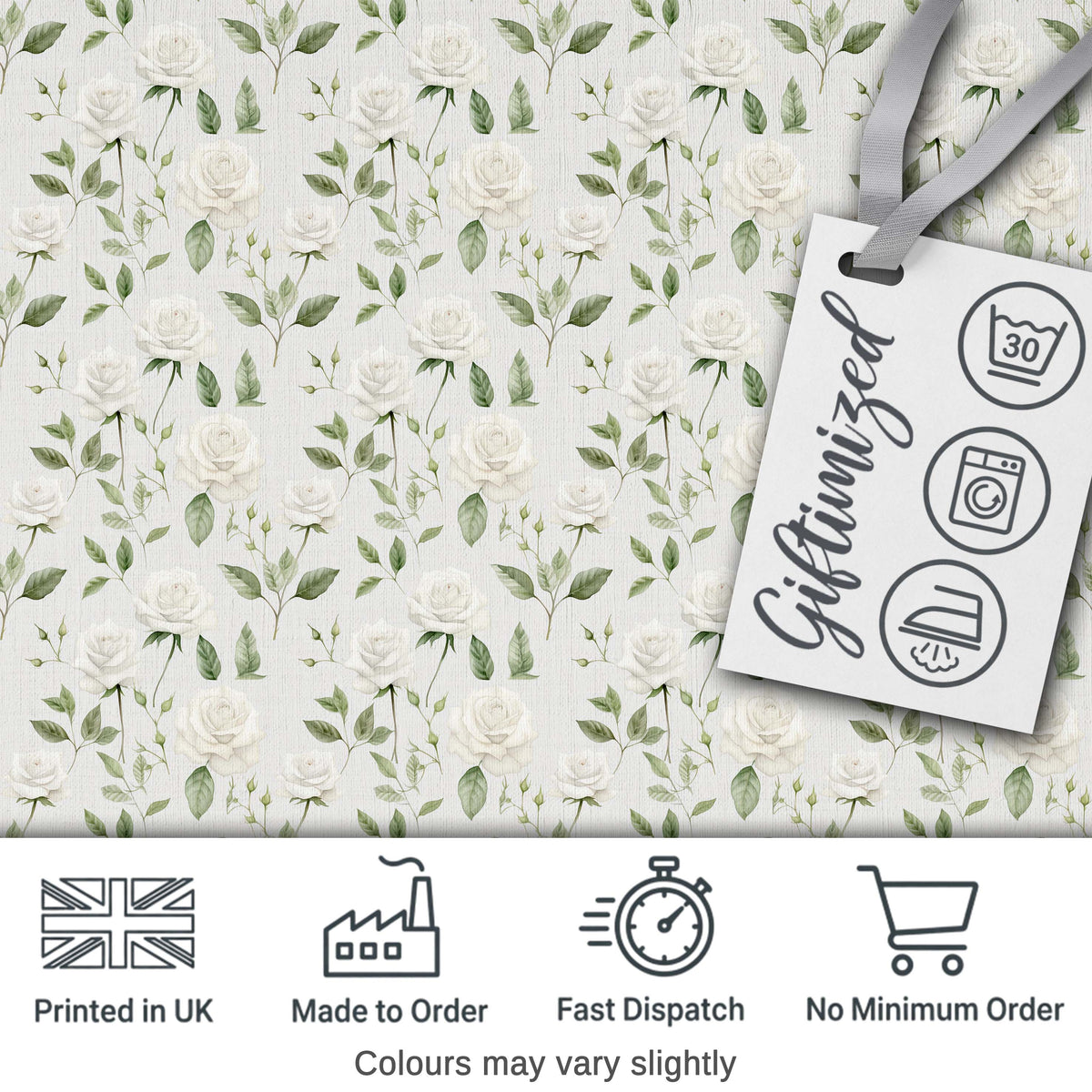 Delicate White Roses and Leaves Minimal Botanical Seamless Pattern Digital Print Fabric by the Metre UK Sewing Quilting Textile