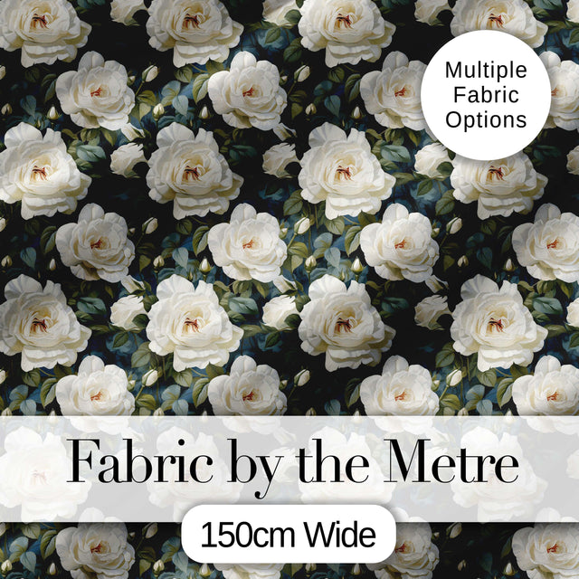 Romantic White Roses Dark Botanical Garden Seamless Pattern Digital Print Fabric by the Metre UK Sewing Quilting Textile