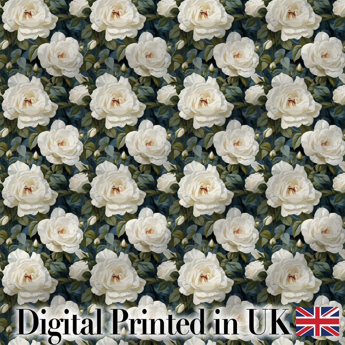 Romantic White Roses Dark Botanical Garden Seamless Pattern Digital Print Fabric by the Metre UK Sewing Quilting Textile