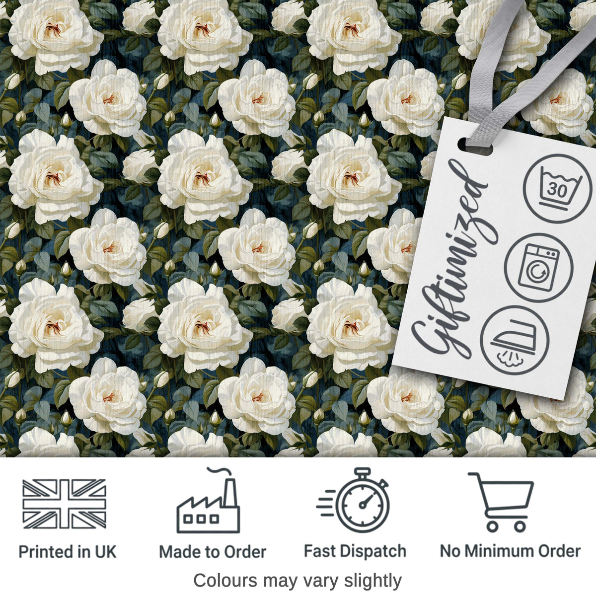 Romantic White Roses Dark Botanical Garden Seamless Pattern Digital Print Fabric by the Metre UK Sewing Quilting Textile