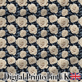 Vintage Ivory Roses Deep Blue Floral Seamless Pattern Digital Print Fabric by the Metre UK Sewing Quilting Textile