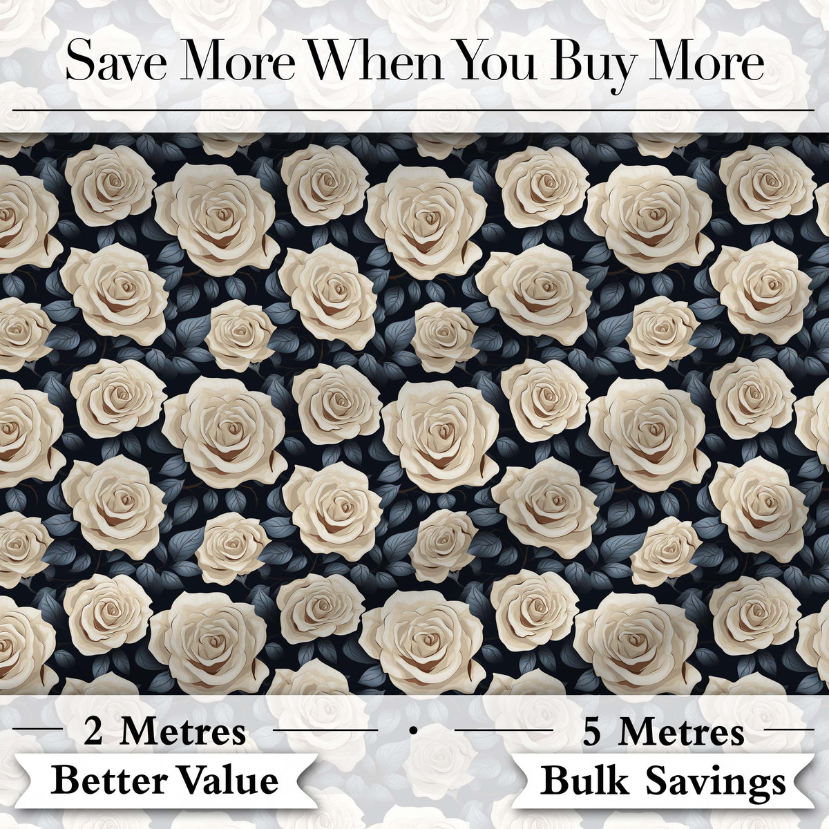 Vintage Ivory Roses Deep Blue Floral Seamless Pattern Digital Print Fabric by the Metre UK Sewing Quilting Textile