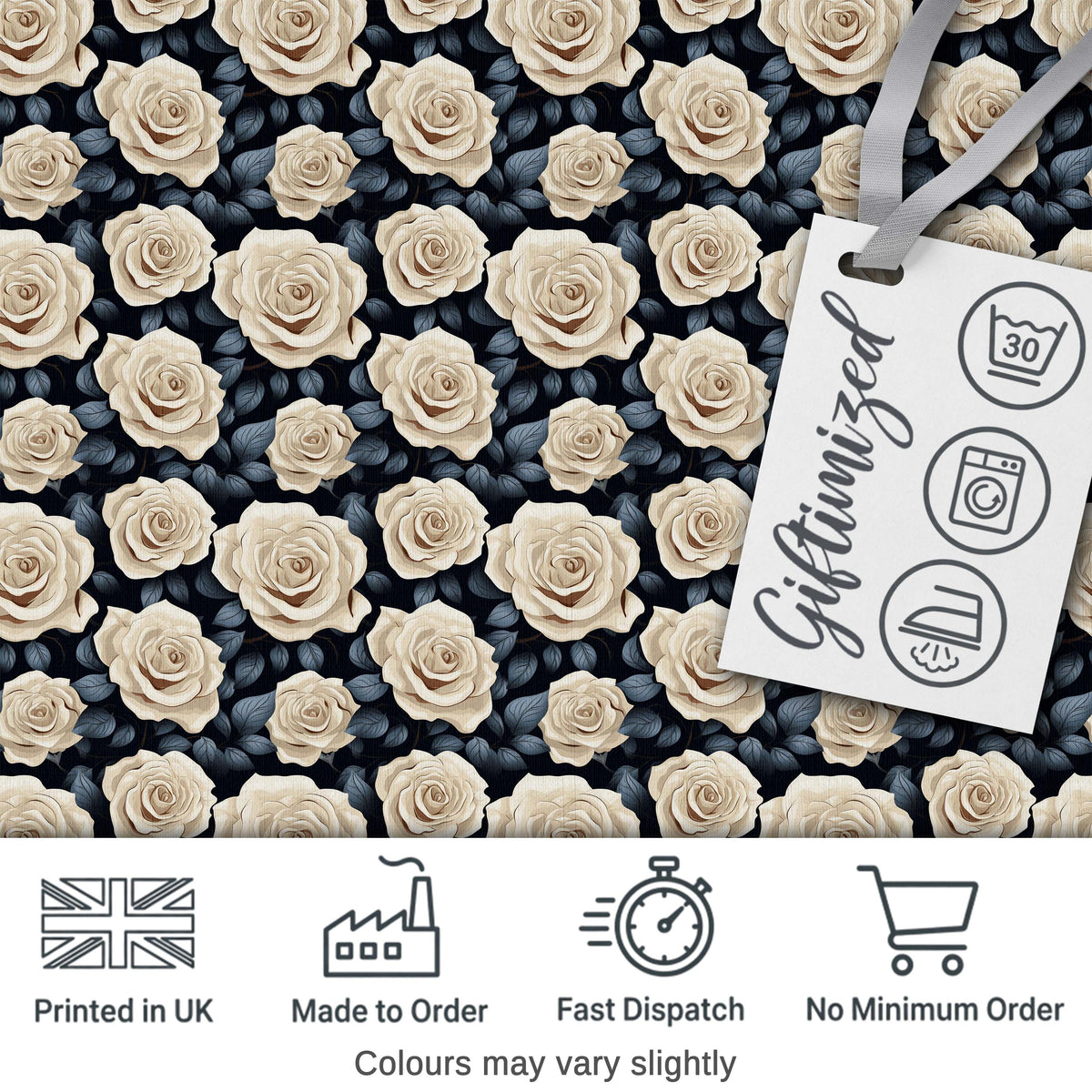 Vintage Ivory Roses Deep Blue Floral Seamless Pattern Digital Print Fabric by the Metre UK Sewing Quilting Textile