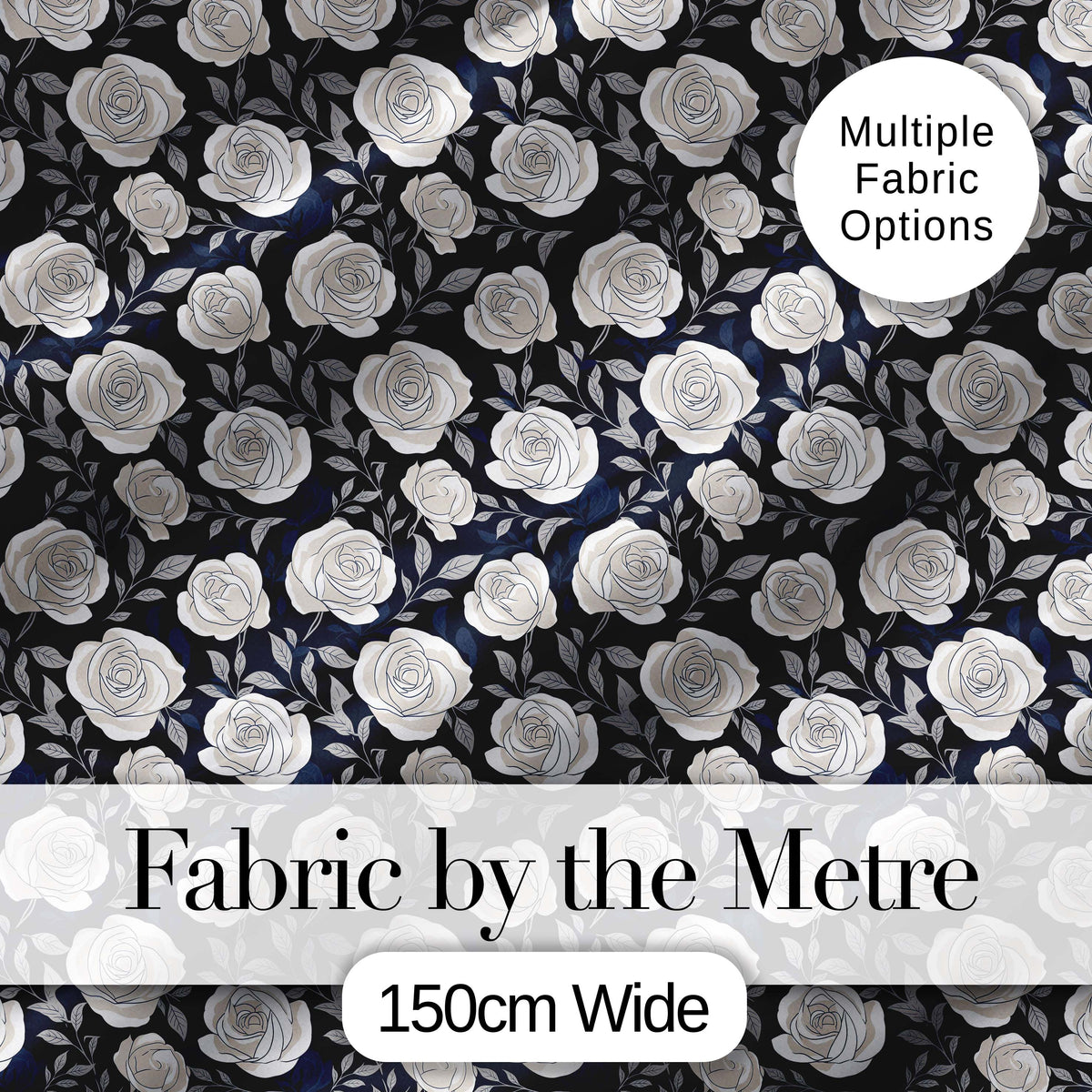 Classic White Rose Garden Midnight Blue Seamless Pattern Digital Print Fabric by the Metre UK Sewing Quilting Textile