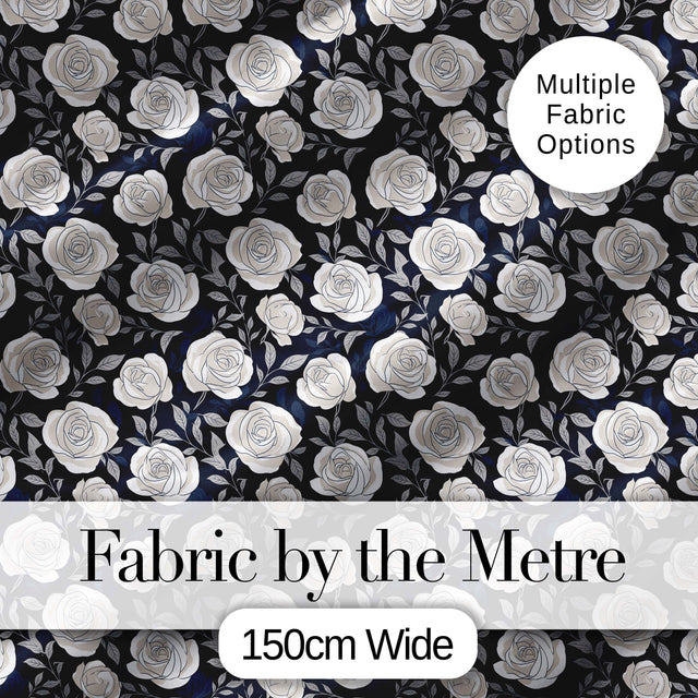 Classic White Rose Garden Midnight Blue Seamless Pattern Digital Print Fabric by the Metre UK Sewing Quilting Textile