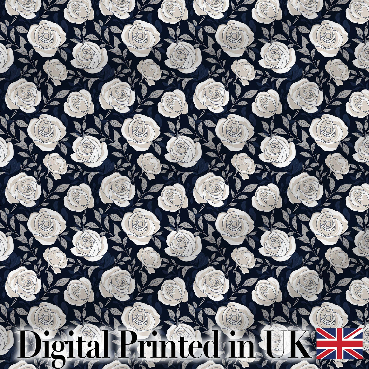 Classic White Rose Garden Midnight Blue Seamless Pattern Digital Print Fabric by the Metre UK Sewing Quilting Textile