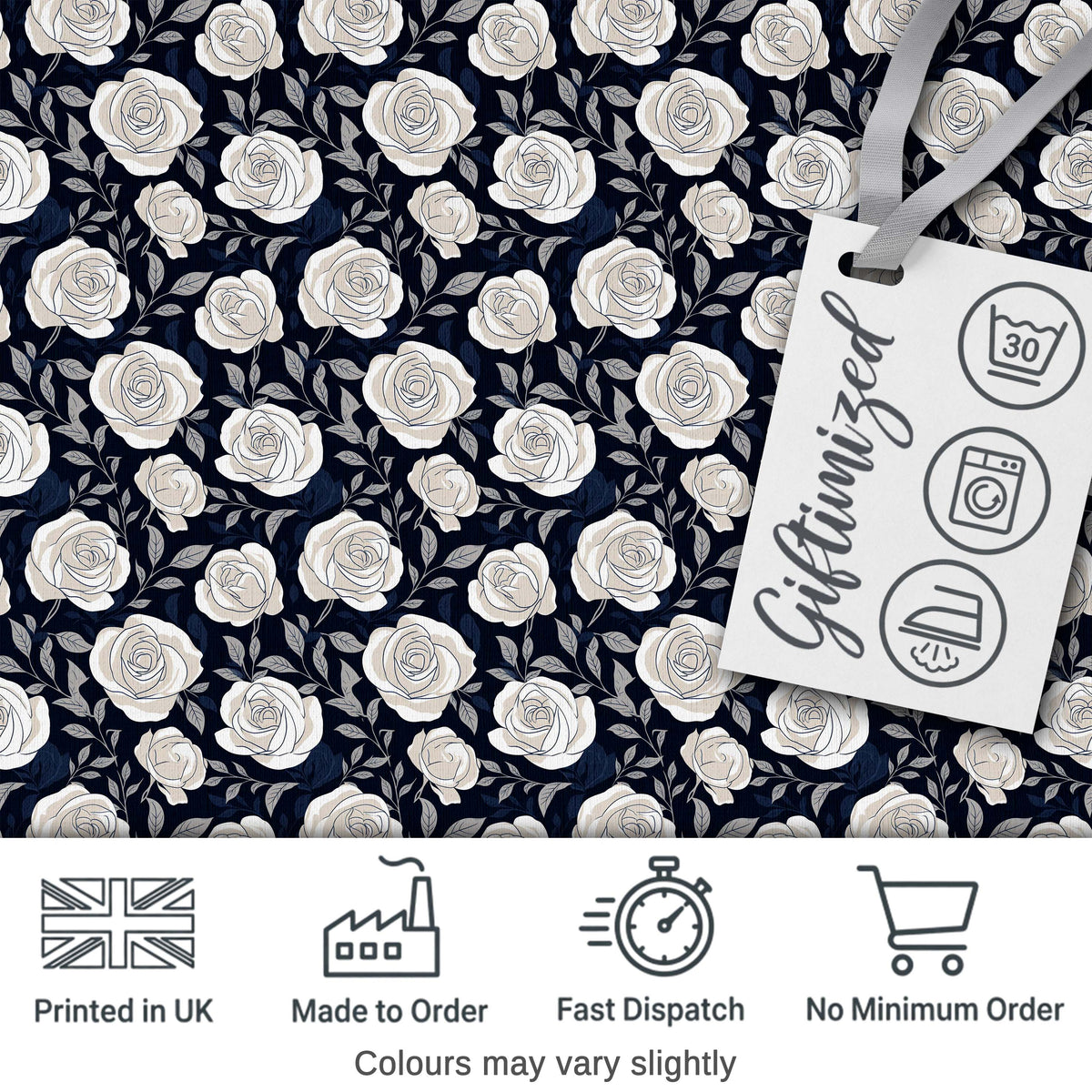Classic White Rose Garden Midnight Blue Seamless Pattern Digital Print Fabric by the Metre UK Sewing Quilting Textile