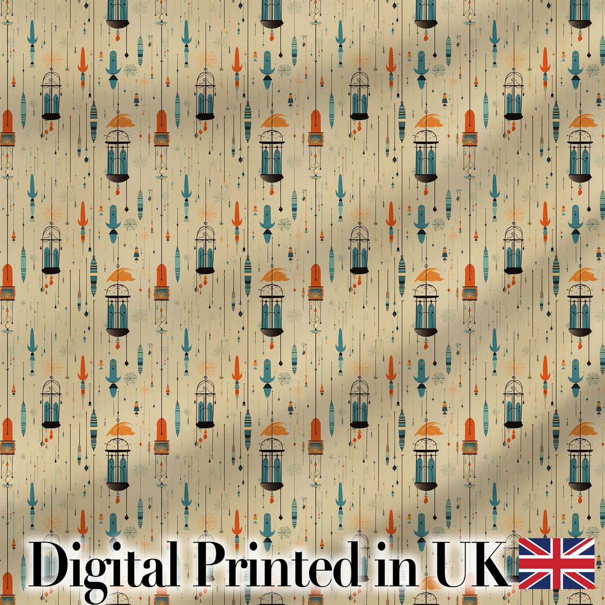 Vintage Hanging Birdcages and Floral Elements Seamless Pattern Digital Print Fabric by the Metre UK Sewing Quilting Textile