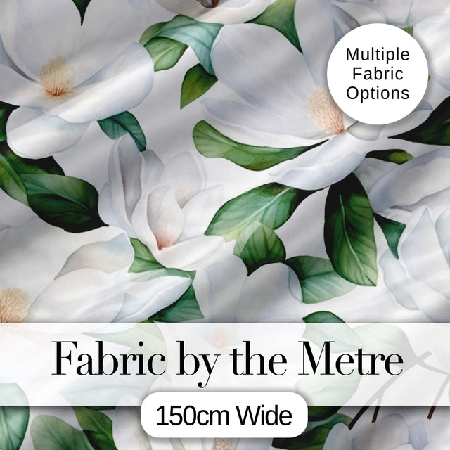 Soft White Magnolia Flowers and Green Leaves Seamless Pattern Digital Print Fabric by the Metre UK Sewing Quilting Textile